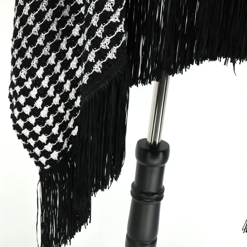 Chicos Poncho Shawl Womens Large Black White Fringe Hem Sweater Knit Boho Chic